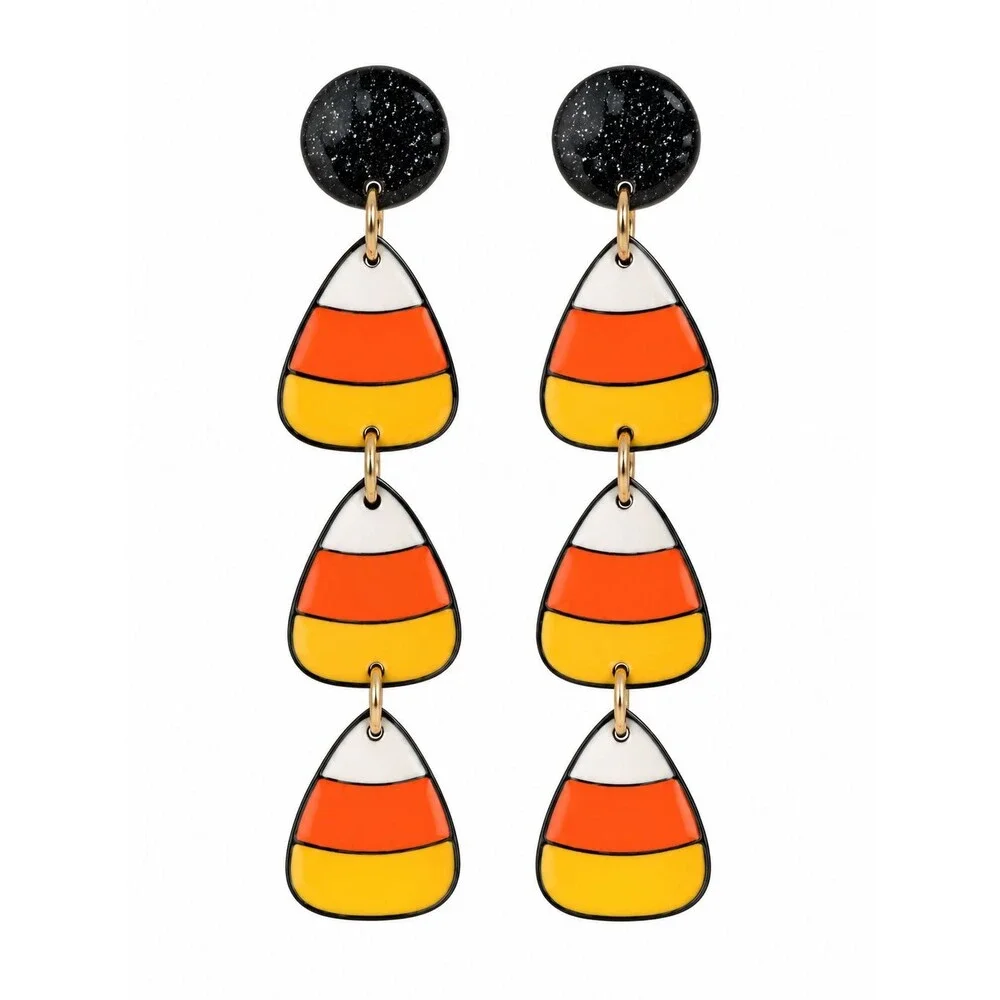 Candy Corn Glitter Triple Drop Dangle Earrings Spooky Cute Halloween NEW
